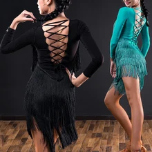 Latin dans jurk volwassen nieuwe lange mouwen dans praktijk kleding vrouwen pak sexy kwastje dress-A3187