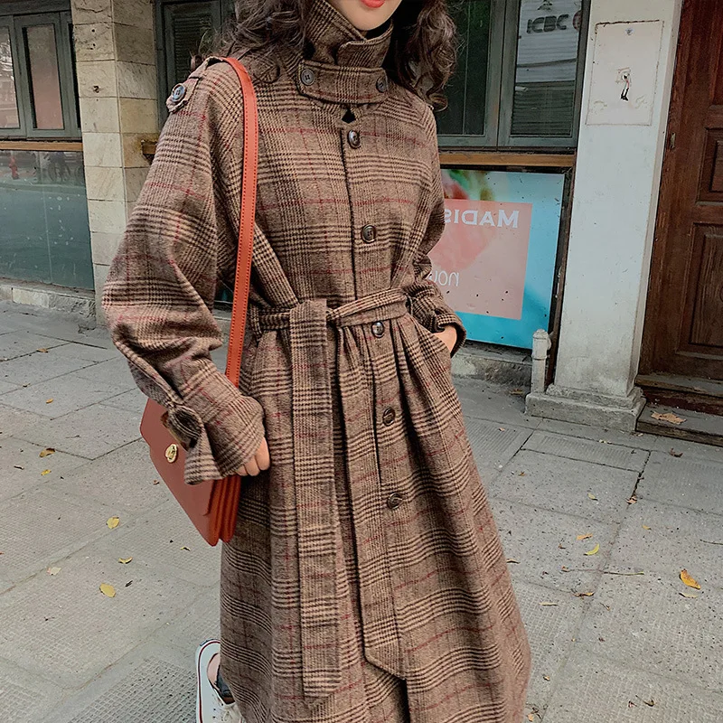 

Plaid Woolen Coat Women's Long over-the-Knee Autumn & Winter 2019 New Style Korean-style Loose-Fit Pattern Vintage Woolen Overco
