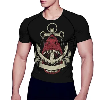 

Men Abs Skinny Compression Sea Monster Printed Workout Tshirt Shark Anchor Tee Top Rashguards