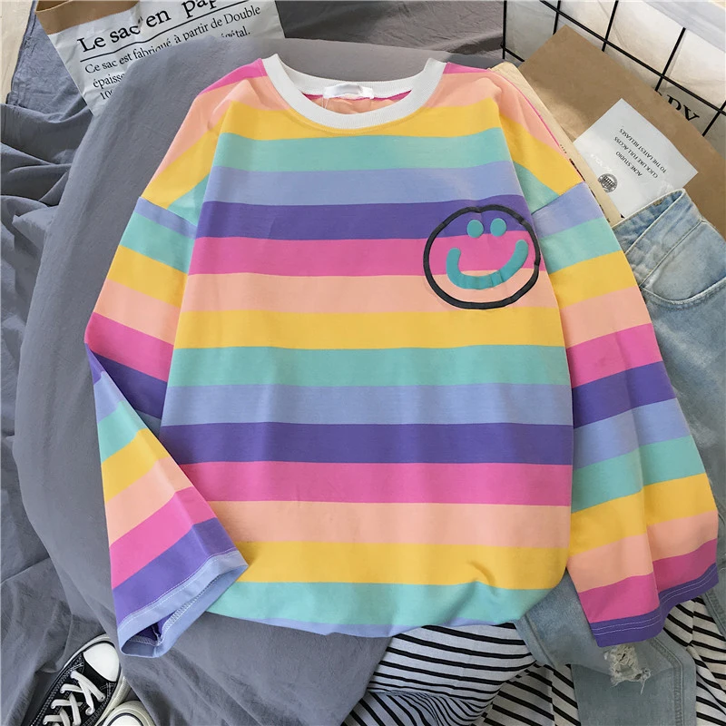 Новинка весны, Женская Футболка harajuku с длинным рукавом, цветные полосатые женские футболки, корейские свободные повседневные женские топы больших размеров