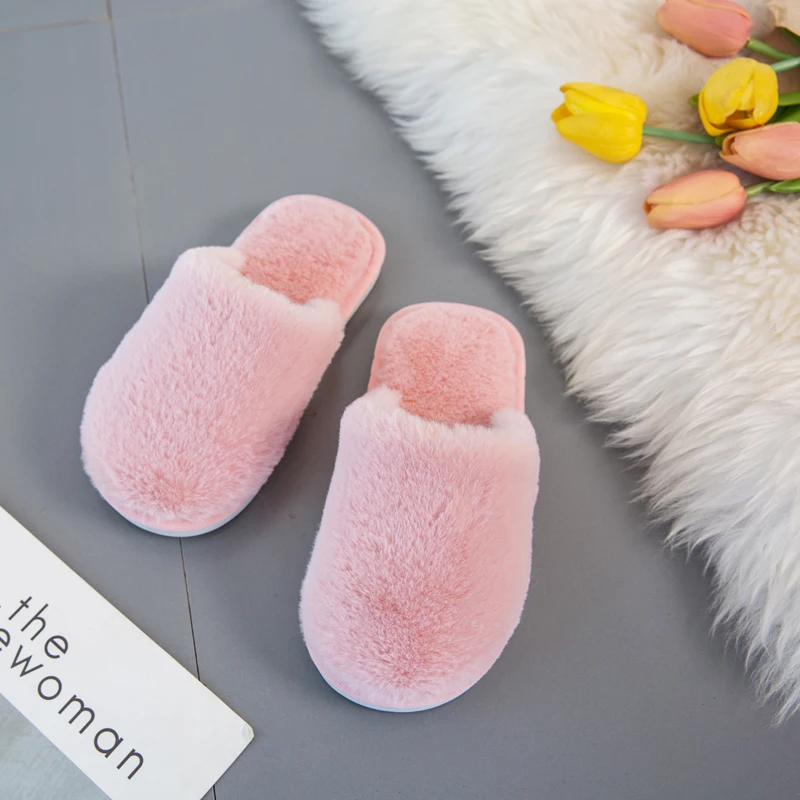 Домашняя обувь для мальчиков и девочек; зимняя хлопковая детская обувь; Плюшевые тапочки; теплая детская обувь для малышей; домашние тапочки - Цвет: Розовый