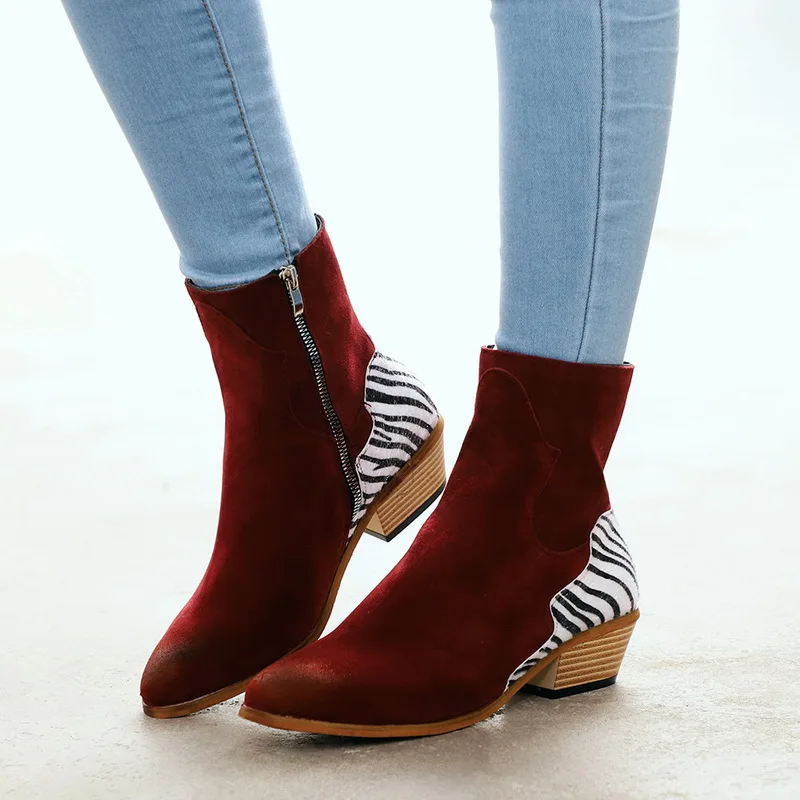

2019 Boots Women Zebra Ankle Boots Winter Flock Square Heel Pointed Toe Botas Mujer Female Zebra Zip Sexy Ankle Boots