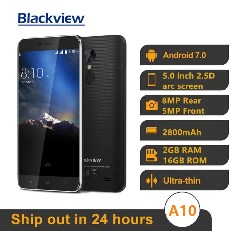 Original Neue Blackview A10 MT6580A Quad Core 2GB 16GB 5'' HD 3G Smartphone Android 7,0 Fingerprint 8,0 MP 2800mAh Handy