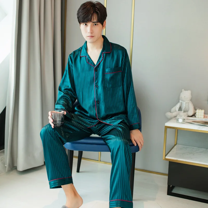 

Ice Silk Pajamas Men's Long Sleeve Autumn And Winter New Style Korean-style Casual Imitated Silk Pajamas MEN'S Suit Large Size T