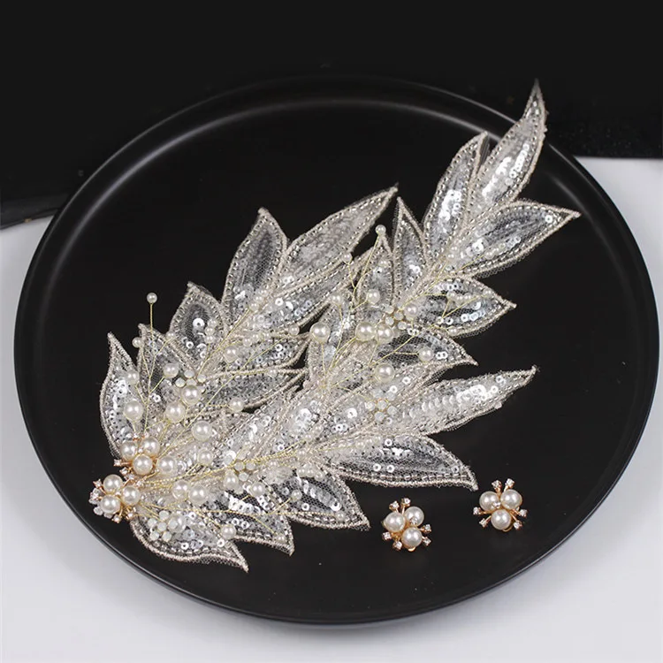 Bride Jewelry Leaf Hairpin Earrings Set Handmade Explosions Mesh Headdress Lace Hairpin Hair Accessories  hair Clips