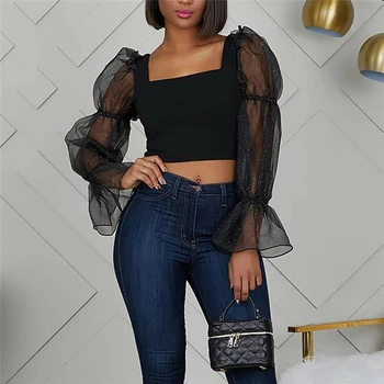 

Women Sheer Mesh Long Puff Sleeve Solid Shirt Lady Square Neck Slim Casual Loose Blouse Fashion Elegnt Fit Shirt and Mini Dress