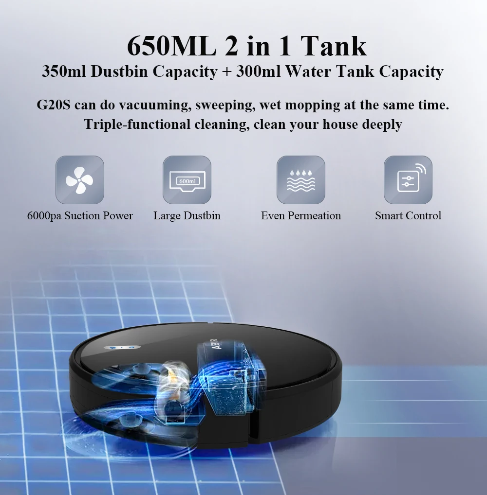로봇 청소기 ABIR G20S, AI 지도 탐색, 슈퍼 스마트 파티션, 메모리 포함, WiFi 앱 및 음성 제어, 6000Pa 강력한 흡입, 스마트 물걸레질, V자형 메인 브러시, 애완동물 털 보호복, 집 바