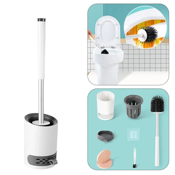 

Rubber Head Toilet Brush With Holder Silicone Long Handle Wall-Mounted Base Cleaning Brush For Toilet Bathroom Accessories Set