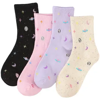 

4 Pairs Universe Stars Pattern Socks Mid-tube Sock Cotton Stocking Women Socks
