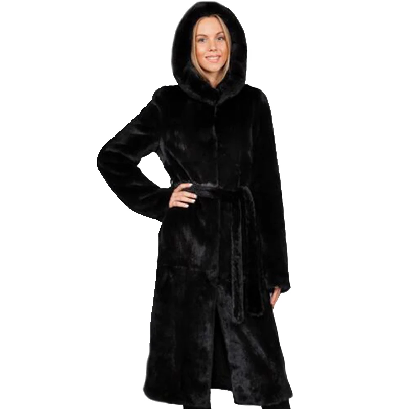 

Winter Thick Warm Fur Coat Hooded X-Long Black Fur Coat Women's Luxury Quality Faux Mink Fur Coat Parka PC078