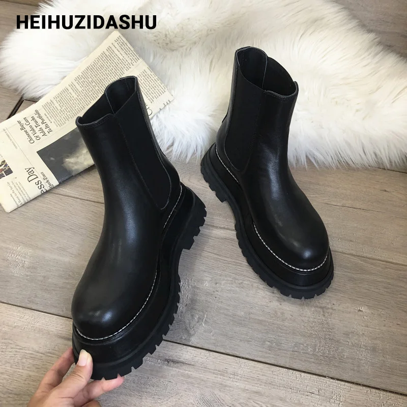 Ботинки «Челси» на платформе; женские ботильоны черного цвета с круглым ...