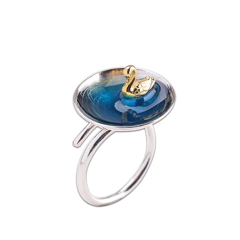 

925 Sterling Silver Blue Cloisonne Golden Swan Handmade Enamel Craft Open Ring Women Fine Jewelry Vintage Trendy Ring Party Gift