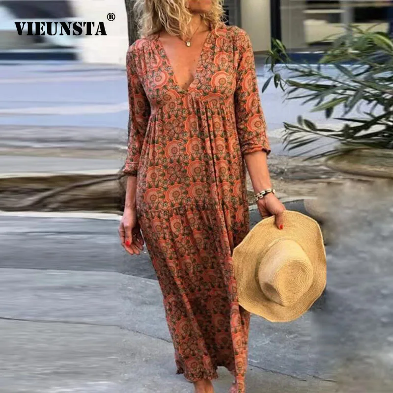 

VIEUNSTA Women Vintage Floral Print V-neck Long Dress Autumn Plus Size Long Sleeve Loose Party Dress Ladies Sexy Dress Vestidos