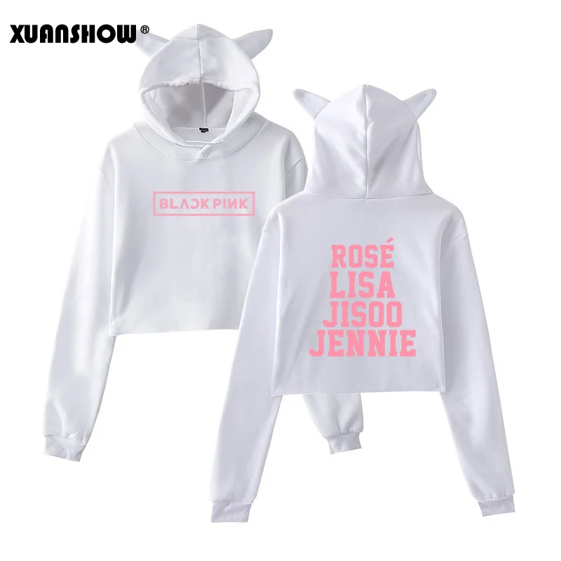 White Rose XUANSHOW сексуальный короткий Милый Толстовки женские Толстовки Длинный рукав BlackPink Kpop одежда Толстовка с капюшоном - Цвет: White Rose
