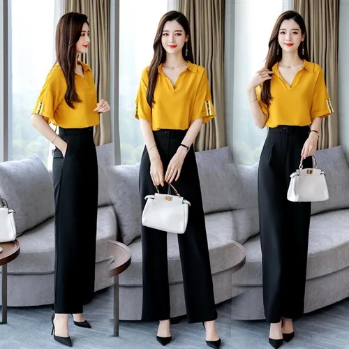

2019 Summer New Style WOMEN'S Dress Sweet College Style Loose-Fit Shirt Set High-waisted Trousers Loose Pants Slimming Two-Piece