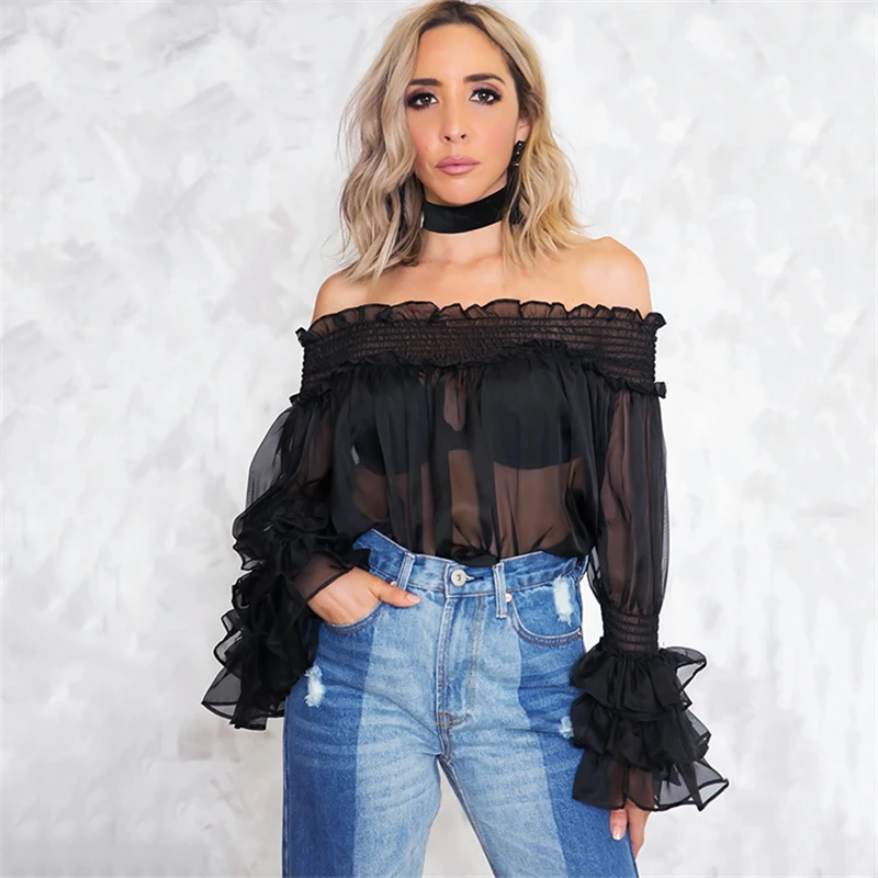 Blusa Transparente блузка с открытыми плечами и Блузка длинными рукавами женские летние