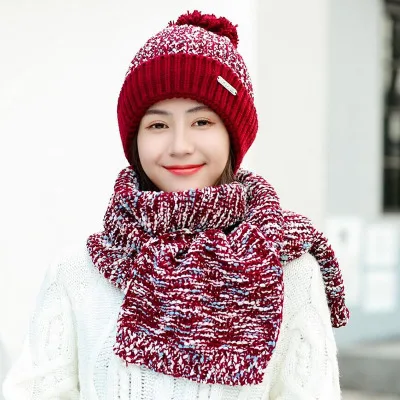 Лидер продаж, комплект из 2 предметов, женская зимняя шапка и шарф, теплые шарфы, шапка, плотная вязаная шапочка с помпоном, Подарочный комплект для девочки на холодную погоду, шапка - Цвет: wine red