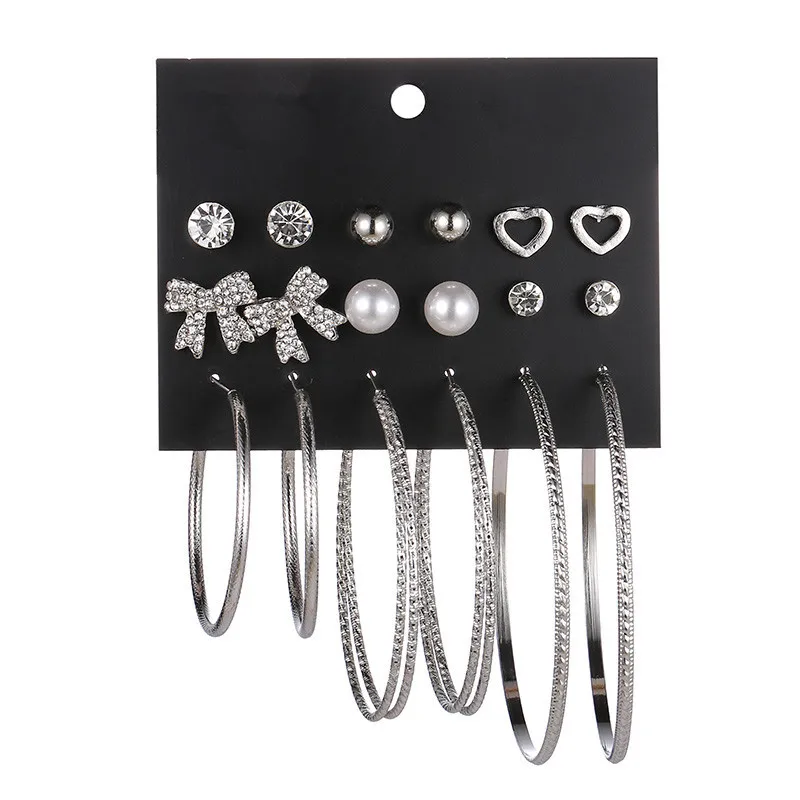 

Fashion Women 9 Pairs Earrings Bow Big Circle Earrings Exaggerated Imitation Pearl Imitation Crystal Earrings Set Gift