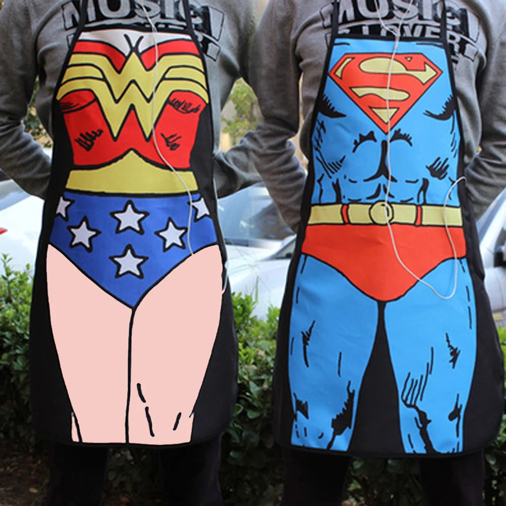 1pc Funny Cooking Kitchen Apron Superman Wonder Woman Dinner BBQ Party Apron Fun Gift
