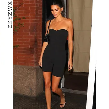 

ZKYZWX Sexy Black Playsuit One Piece Outfit Bodycon Overalls Elastic Off The Shoulder Long Sleeve Rompers Womens Jumpsuit Shorts