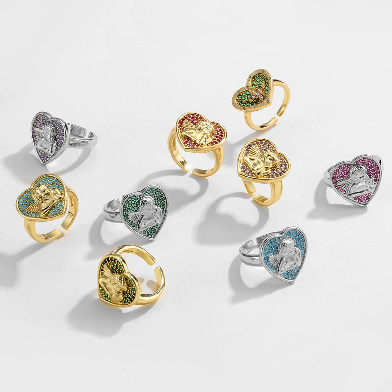 HECH3NG,Colorful CZ Love Heart Angle Ring,Vintage Cupid The Cross Adjustable Ring,For Women Jewelry,Wholesale