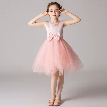 

Sundae Angel V-neck Princess Dress Girls Costumes Beaded Satin Splice Mesh Big Bowknot Ceremony Events Children Summer Dress
