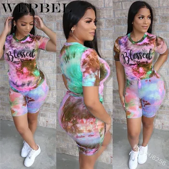

WEPBEL Short Sleeve O Neck Tie Dye Print Shirt Top + Skinny Drawstring Waist Shorts Lady Clothing Set Women Two Piece Set