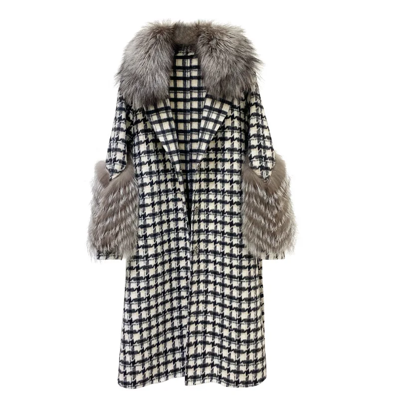 

Korean trendy Double Breasted Elegant Woolen Coat Plush natural fox fur cuff real Woolen Outerwear