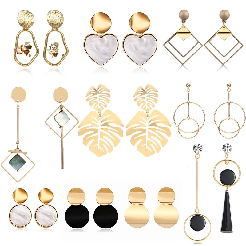 Hot Korean Gold Color Earrings 2021 for Women Fashion Statement Jewelry Leaf Face Metal Acrylic Ear Dangle Drop Earing | Украшения и