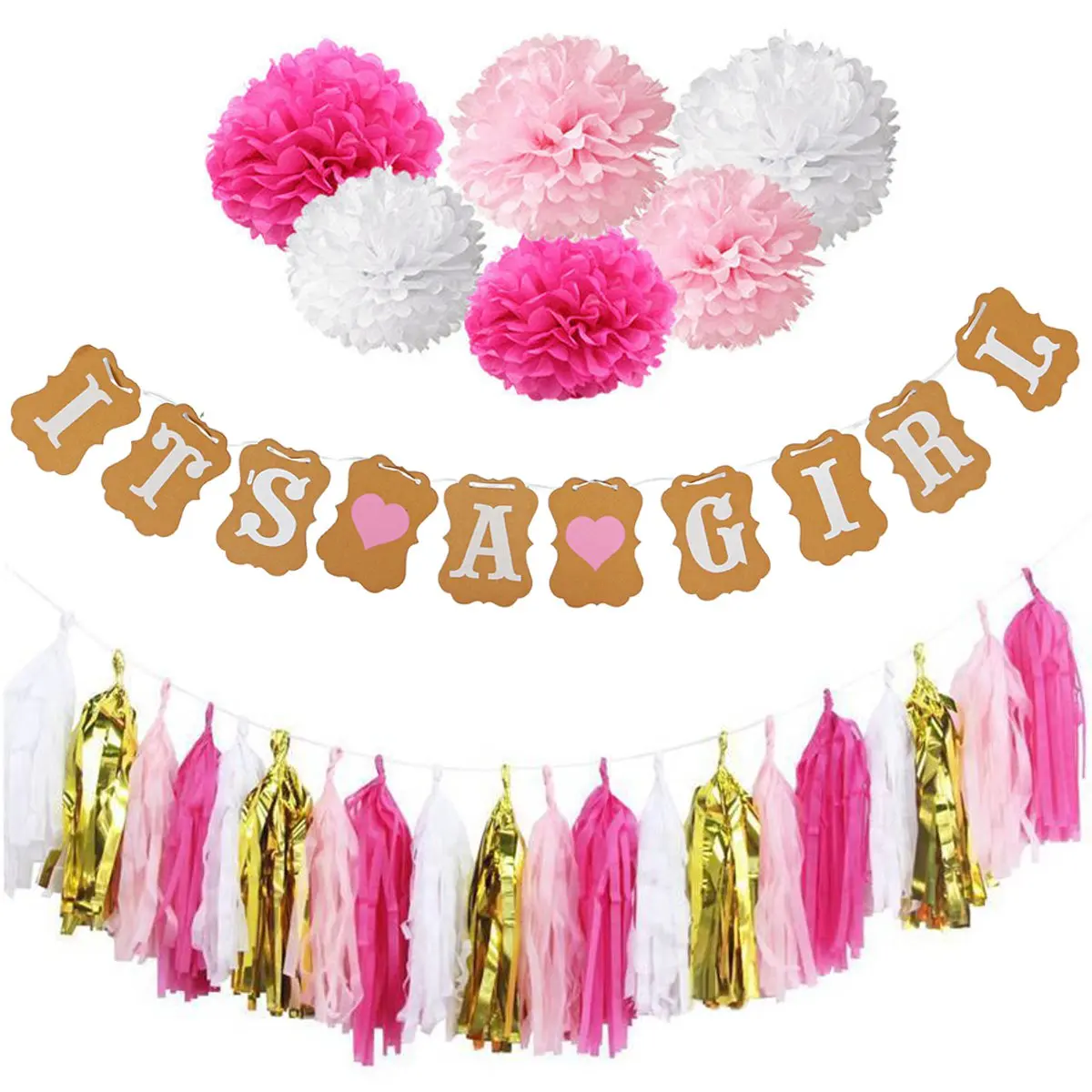 

Boy Girl Baby Shower Set Banner Paper Pompoms Tassels Garlands Ornaments Kit Birthday DIY Party Decoration Accessories 2 Colors