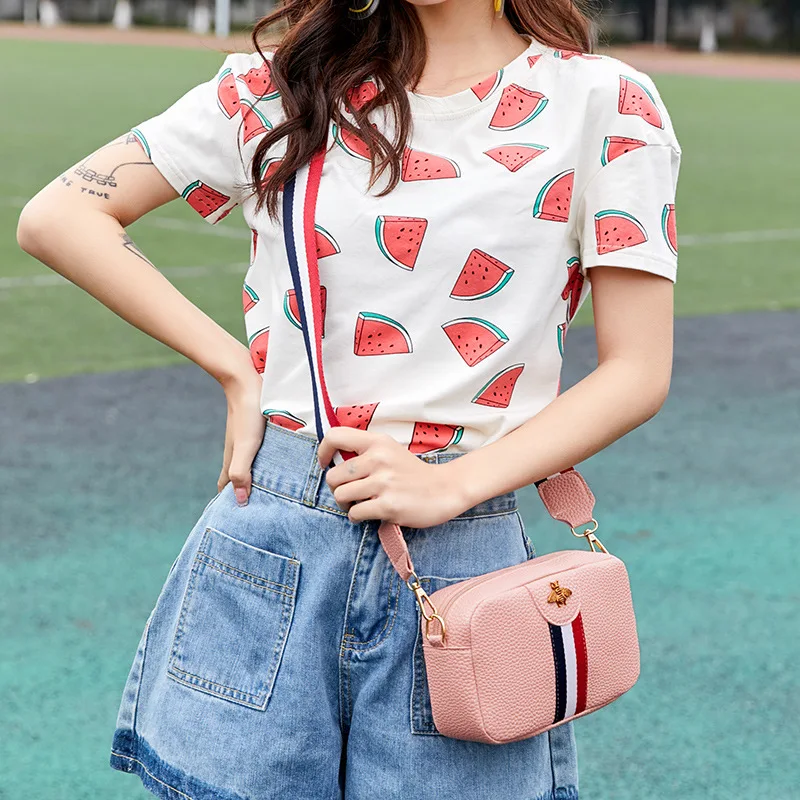 

Sheng chuang Beauty Camera Bag Contrast Color Multi-color Stripe Women's Shoulder Cross-body Bees Square Sling Bag 2019