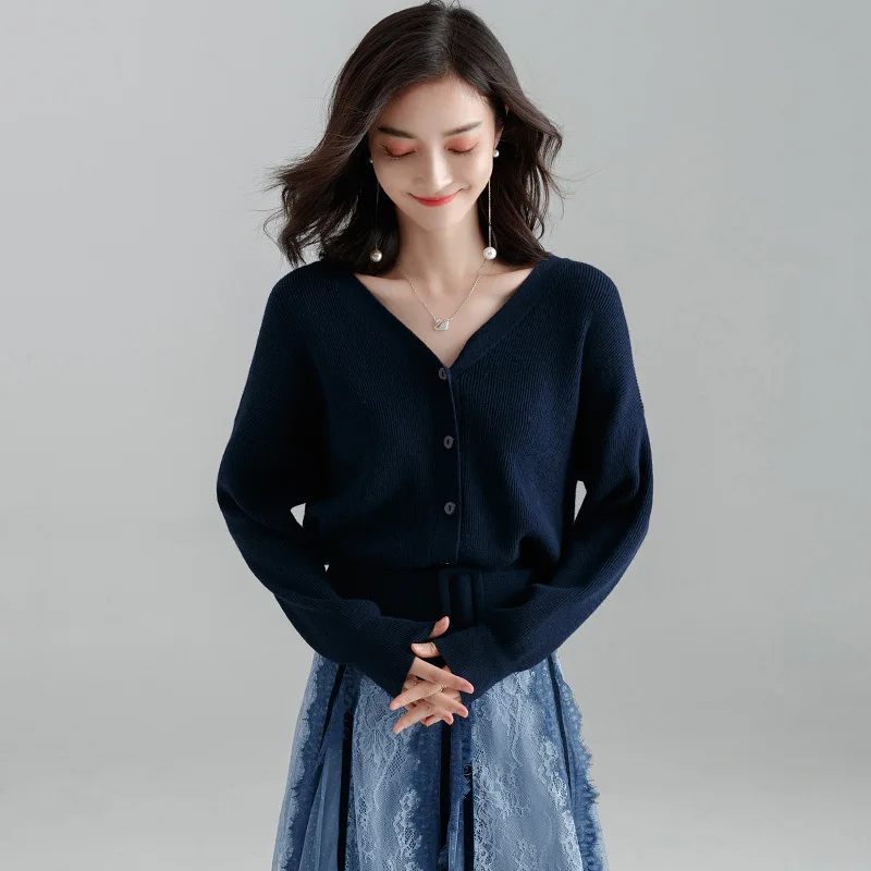 dark blue Зимняя одежда, женский кардиган, свитера, черный свитер, v-образный вырез, длинный рукав, кашемировый свитер, Женский вязаный осенний кардиган для женщин - Цвет: dark blue