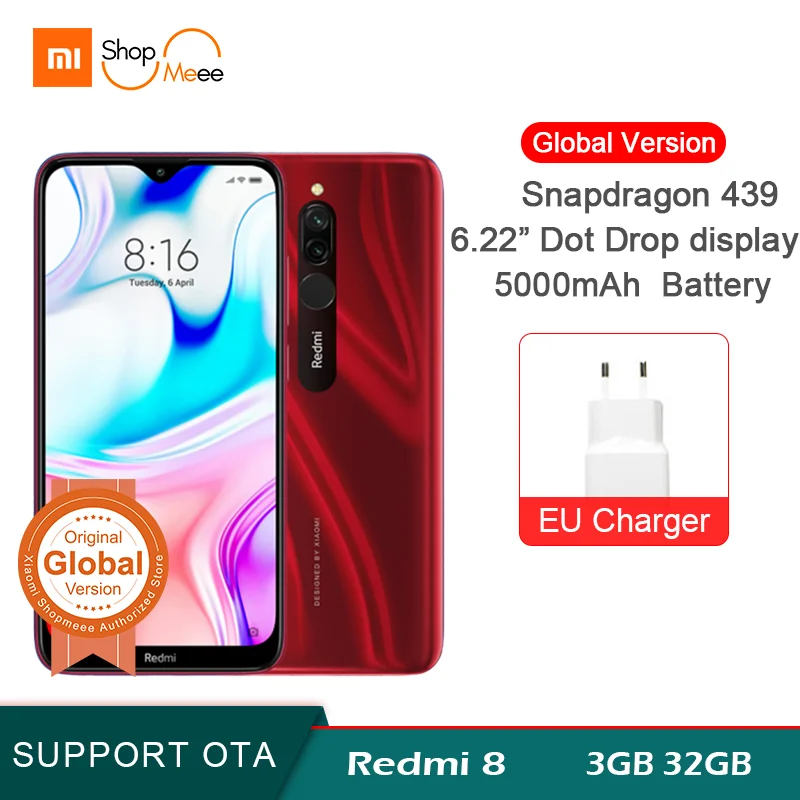 Смартфон Xiaomi Redmi 8 с глобальной версией, 3 ГБ ОЗУ, 32 Гб ПЗУ, 5000 мАч, Восьмиядерный процессор Snapdragon 439, 6,22 дюйма, 12 МП, двойная камера