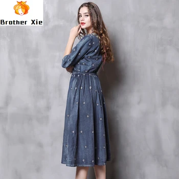

And Spring Summer 2020 Jeans Dress Retro-style Embroidery V-neck Mid-long Dress Slender Waist Vintage A-line Women Denim Dress