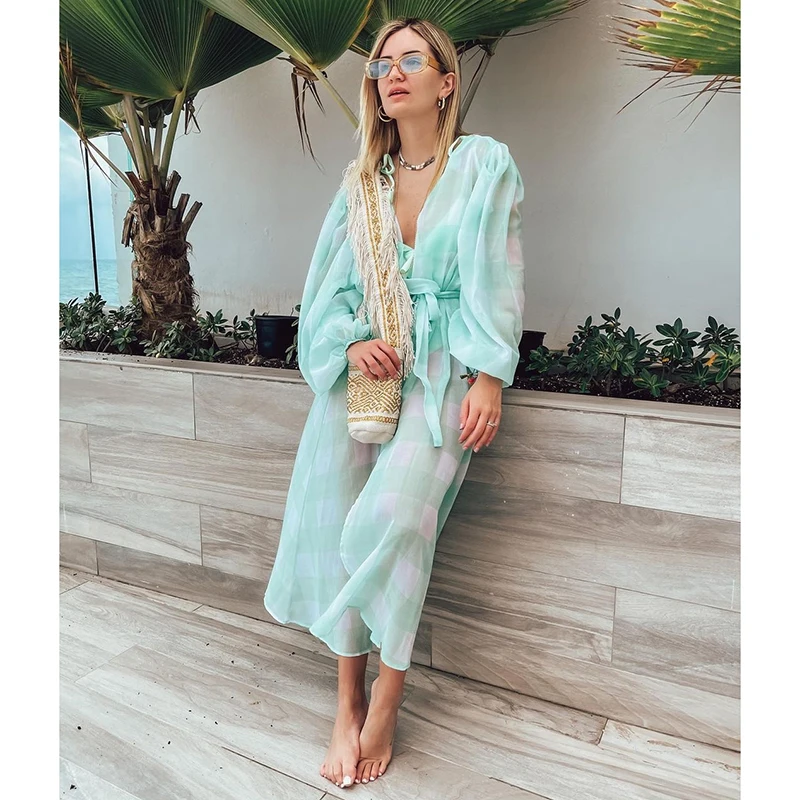 bathing suit wrap skirt 2021 Women Swimsuit Cover Up Sleeve Kaftan Beach Tunic Dress Robe De Plage Solid White Cotton Pareo High Collar Beachwear long beach dresses