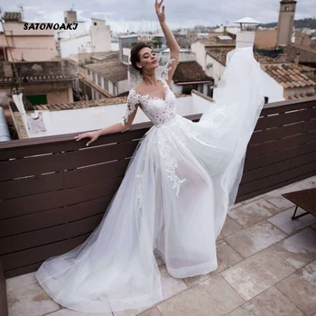 

2020 Beach Wedding Dress for Women Detachable Train Bride Gown Half Sleeves Boho Short Skirt Princesa Vestido De Novia Online