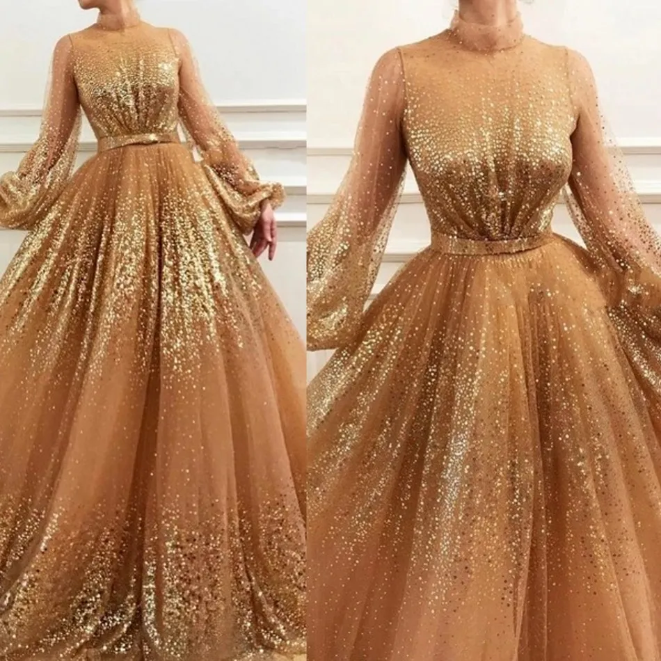 

Modest Sparkle Gold Sequined A-line Evening Gowns Puff Full Sleeves Long Prom Gowns High Collar Formal Party Dresses