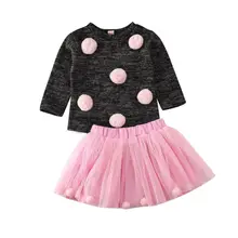 Conjuntos de ropa de 2 uds. Para niñas pequeñas, ropa de manga larga de punto de Bola de Pelo, suéter + minifaldas de tul, conjunto de trajes de fiesta