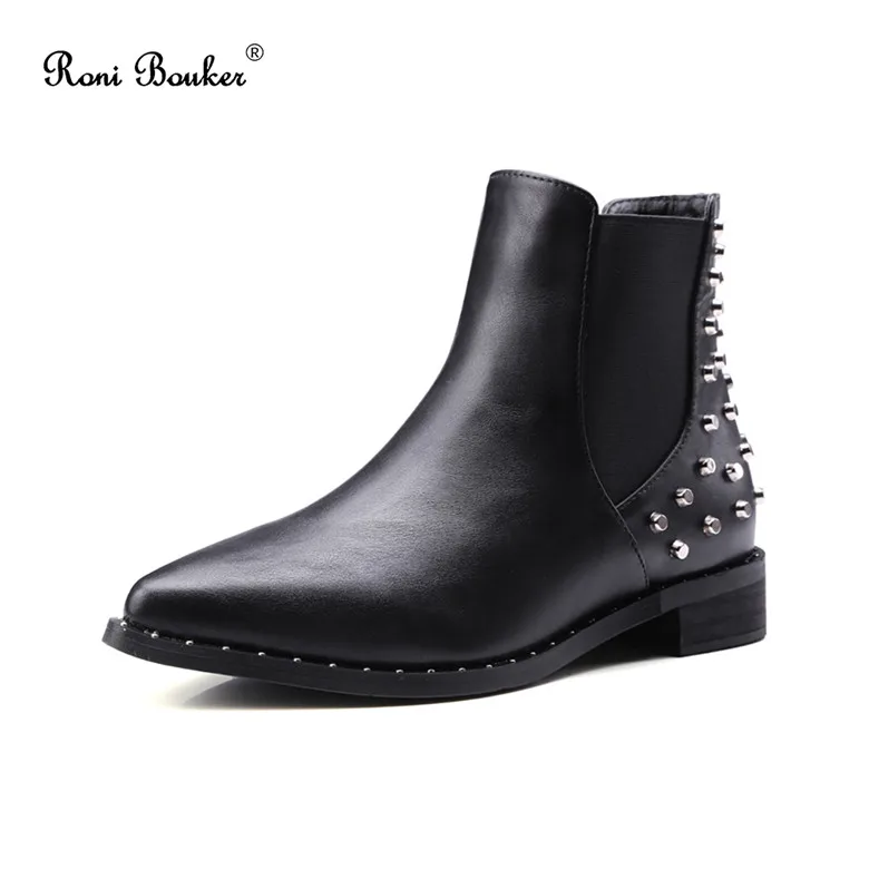 Roni Bouker/осенне-зимние теплые женские ботильоны; черные кожаные ботинки на высоком квадратном каблуке; повседневная обувь Martin с острым носком; Размеры 35-42 - Цвет: Black Single Inside