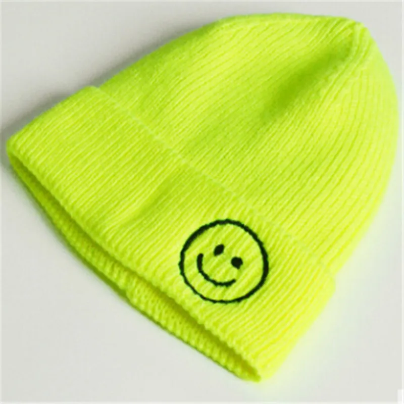 Fluorescent Yellow Милые однотонные 1 шт. теплая шерсть вязаная шапочка для маленьких мальчиков и девочек осень-зима с вышивкой и изображением улыбающейся рожицы в шапочке - Цвет: Fluorescent Yellow