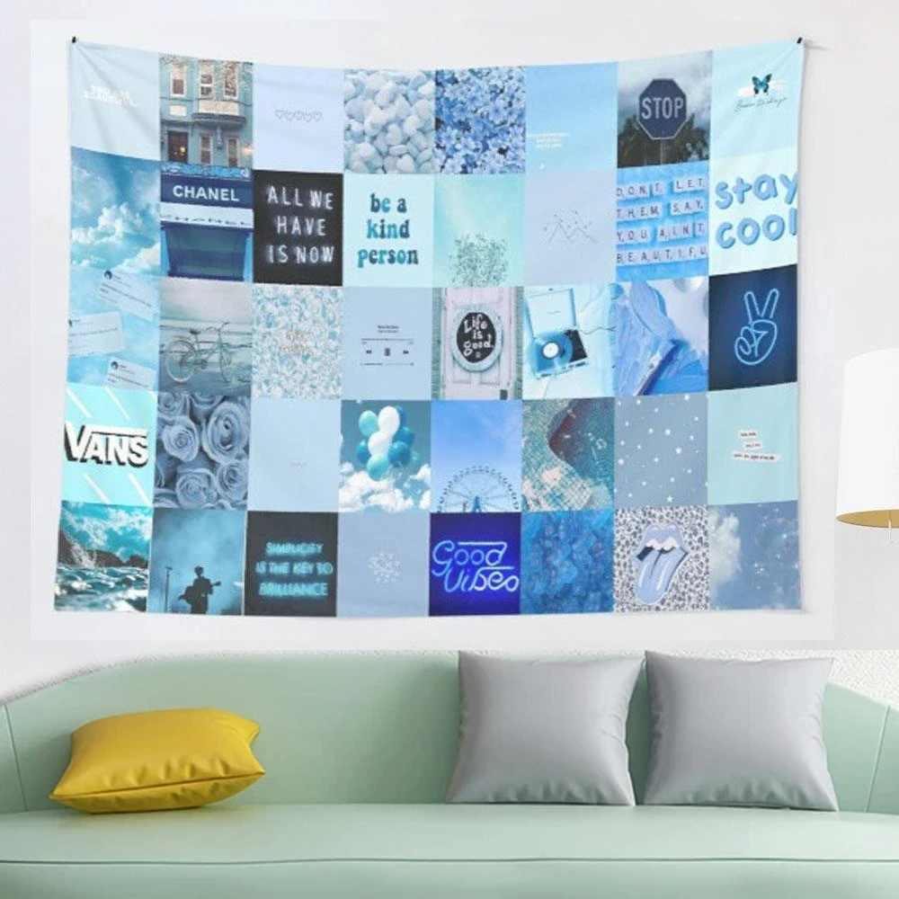 Синий Гобелен vsco с коллажем настенный гобелен Настенный декор одеяло постельное