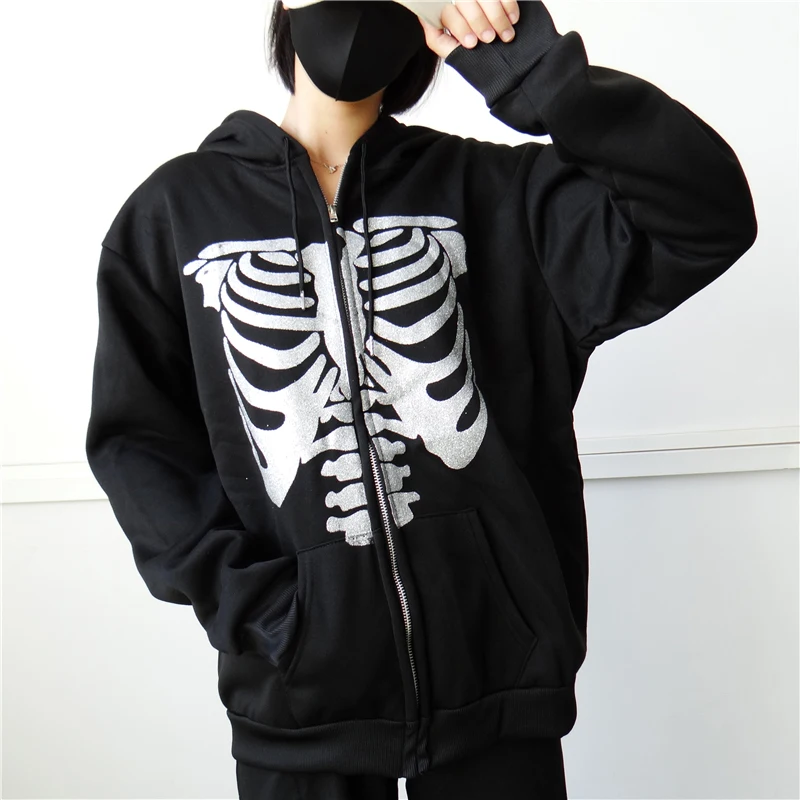 

90s Harajuku Grunge Clothes Hoodie Women Autumn Zip Up Long Sleeve Coat Top Female Sweatshirt Y2K Gothic Skull Oversized Hoodies