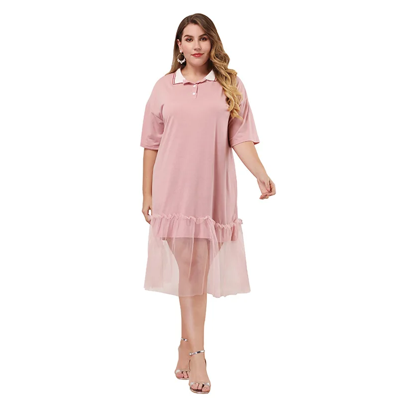 

TUHAO 2019 Sweet Girls Pink Patchwork Draped Shirt Dresses Elegance Turn-Down Collar Plus Size Women Summer Vestidos HC285