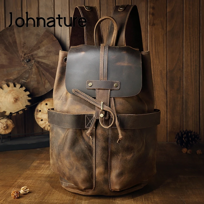 

Johnature Crazy Horse Leather Men Backpack 2024 New All-match Leisure Travel Bag Large Capacity Cowhide Retro Handmade Bagpack