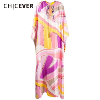 

CHICEVER 2020 Floor Length Silk Dress Women Knit Elastic Bohemian Print Over Size Loose Colorful Tassel New Summer Fashion