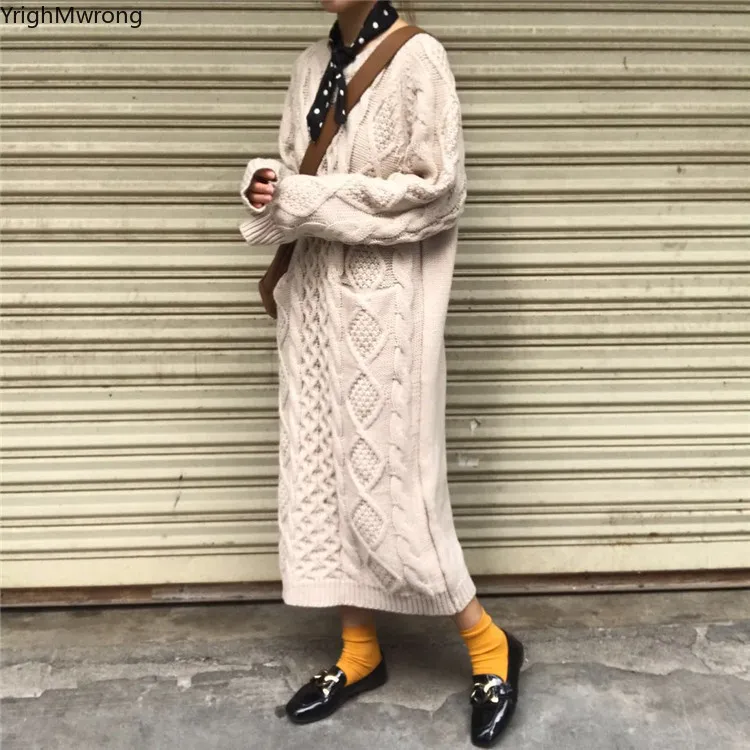 

Solid White Brown Pocket Knit Pullover Sweater Dress Women Korean Winter Autumn Spring Midi Long Vintage Ropa Round Neck Loose