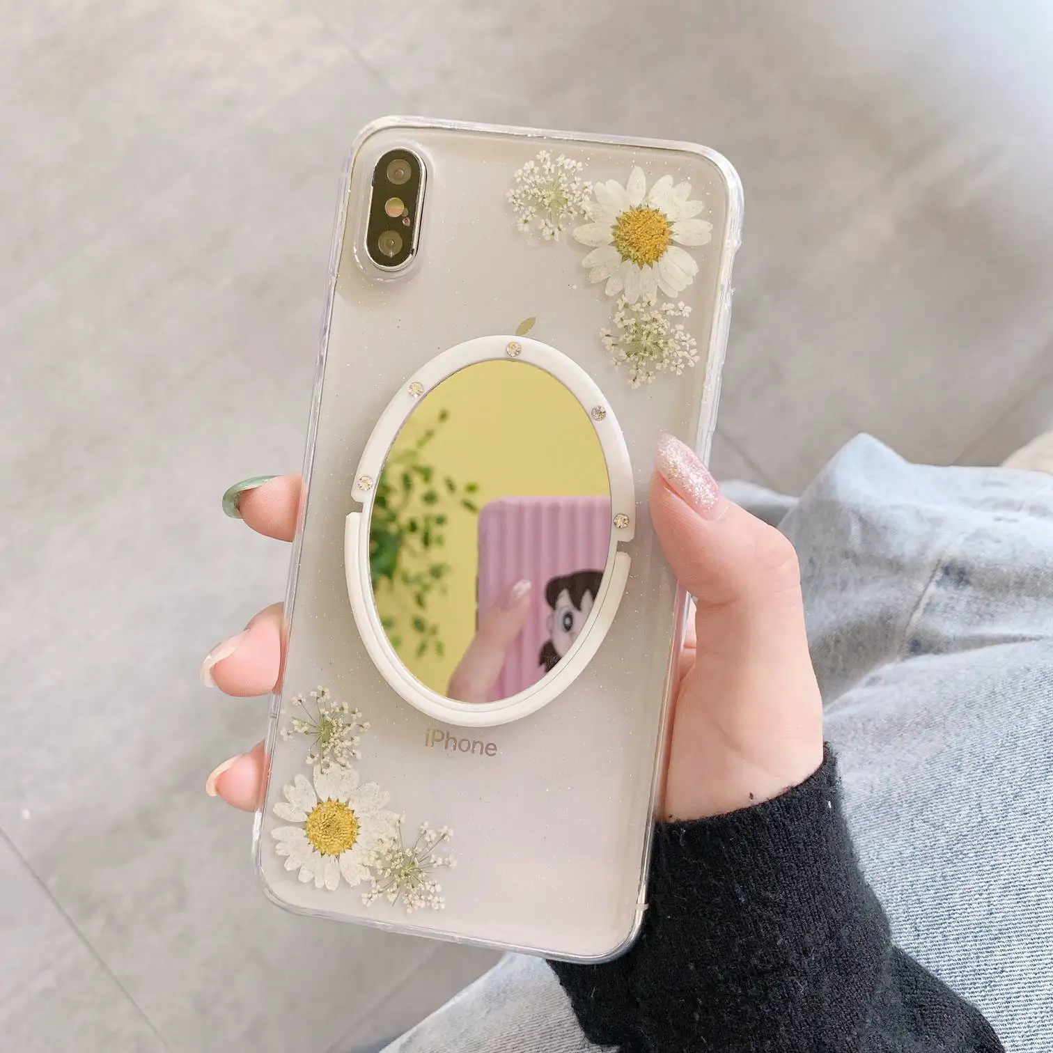 

Luxury mirror flower case For iPhone 7 8 6s Plus XR XS MAX Transparent silicon cover For iPhone XS MAX Finger Ring stand case