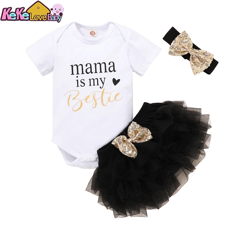 Baby Girl Clothes Set Cute Mama's Is Bestie Infant Toddler Clothing Tops Lace Tutu Shorts Headband Summer 3Pcs Newborn Outfits baby's complete set of clothing