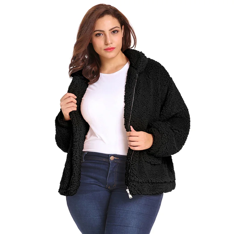 5XL 6XL размера плюс пальто из искусственного меха для женщин зимнее плюшевое пальто куртка из флиса на молнии Свободное теплое плюшевое меховое пальто женская верхняя одежда