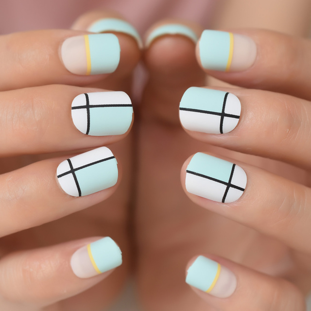 Nude Color Press On Nails Marble White Artificial False Nails Square Short Glossy Pattern Tips with Glue Sticker